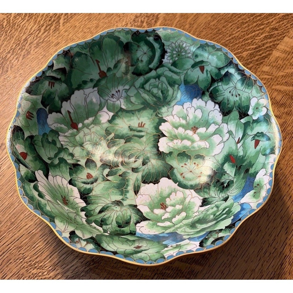 Vintage Chinese Cloisonné Enamel Brass Inlay 10 Inch Floral Bowl